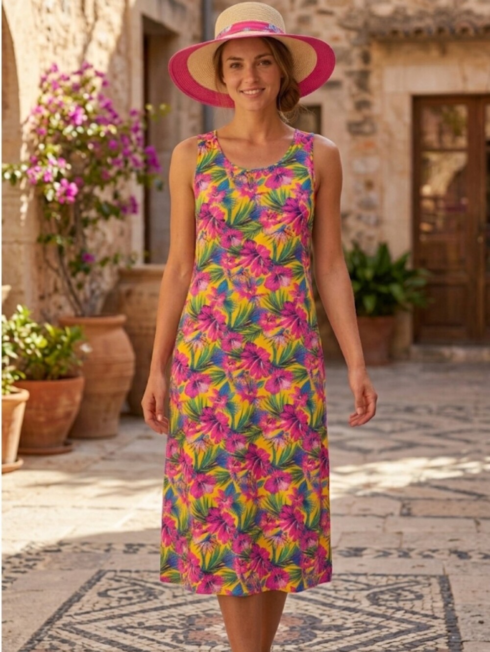 Kaktus Yellow Pink Tropical Floral Print Maxi Dress...FREE KATE SPADE HAT